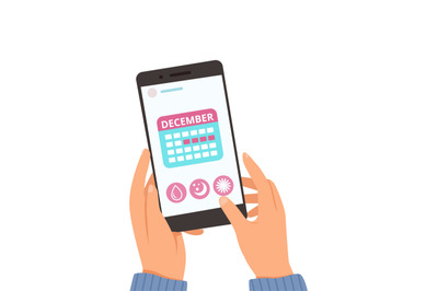 Menstrual calendar. Online female cycle app. Hands hold smartphone wit