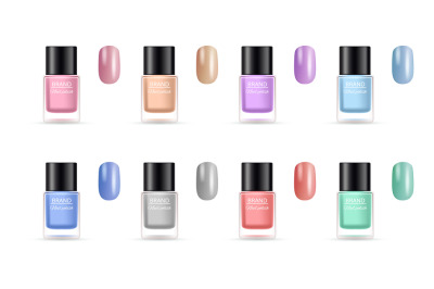 Nail polish collection. Palette for manicure. Isolated cosmetics bottl