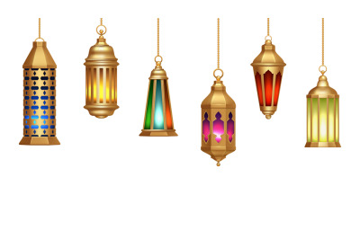 Oriental lamps. Arab lanterns hang on gold chains. Isolated realistic