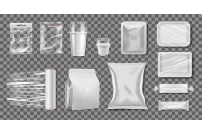 Plastic polyethylene packaging. Realistic cellophane boxes and cups. T