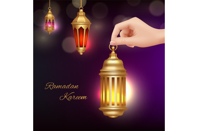 Ramadan Kareem background. Hand holding islamic lamp. Realistic arabic