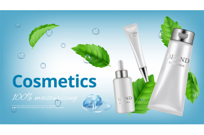 Realistic cosmetics banner. White bottles and tubes with water drops a