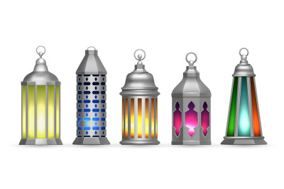 Realistic silver arab lamps. Colorful oriental lanterns, isolated isla