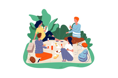 Picnic friends. People eating in park, healthy happy family outdoor ac