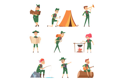 Rangers kids. Little scouts in green uniform survival characters with
