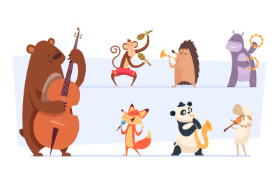 Animals musicians. Wild cartoon zoo animals with musical instruments v