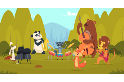 Animals musicians in forest. Music band playing on instruments in the