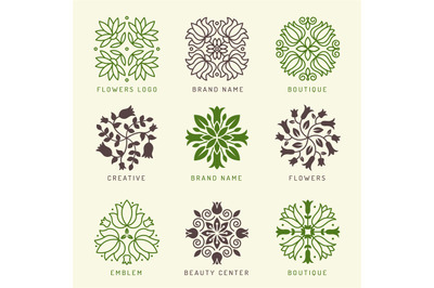 Floral logo. Botanical stylized elements decoration symbols leaves and