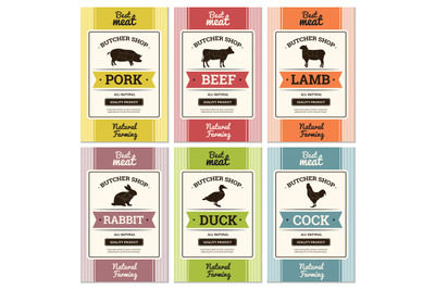 Meat labels. Butcher shop logo and fresh meat stickers or banners with