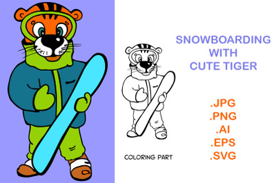 Tiger with snow board illustration in vector + SVG + Coloring page