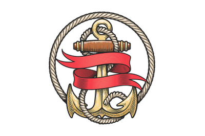 Nautical Emblem of Anchor and Red Ribbon
