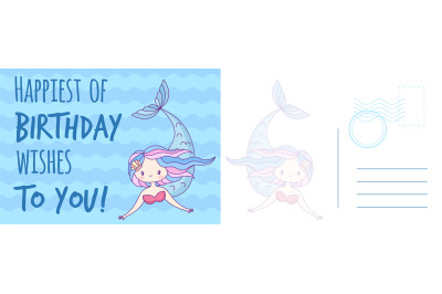 Happy Birthday wishes postcard. Holiday card with little mermaid on oc