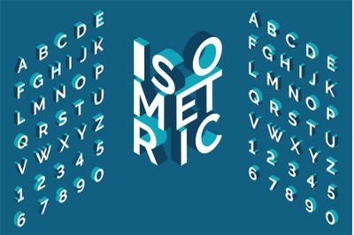 Isometric alphabet. 3d bold uppercase latin letters and numbers, geome