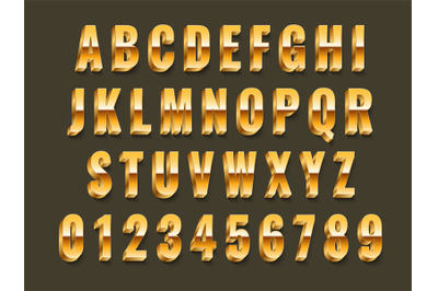 Gold 3d font. Realistic metal latin alphabet, shiny effect capital eng