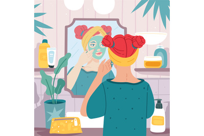 Mirror reflection. Beautiful woman makes face mask in bathroom interio