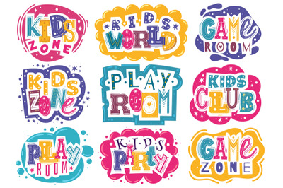 Kids zone emblems. Colorful children playroom and game area emblems, b