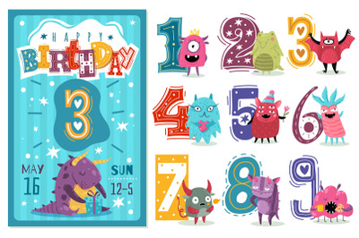 Kids anniversary numbers. Children birthday party greeting card templa