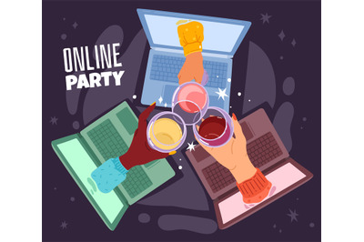 Online drinking. Remote communication, birthday party hangout connecti