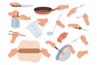 Hands preparing food. Cooking utensils in female hands, restaurant kit