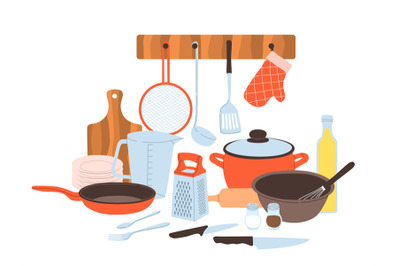 Kitchen utensils. Baking and cuisine tools composition, cookware and t