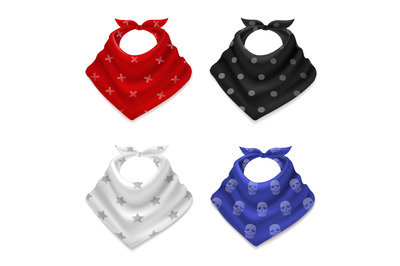 Realistic bandana scarf. 3d silk red and blue, white and black scarves