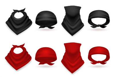 Realistic bandana set. Colored black and red handkerchiefs&2C; scarf and