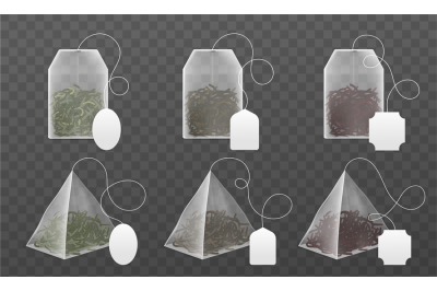 Tea bags mockup. Realistic disposable beverage infuser bags and pyrami