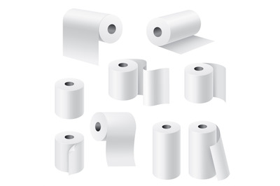 Realistic paper rolls. 3d white towel, toilet tissue on cardboard cyli