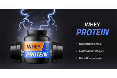 Sports supplements. Whey protein powder advertisement banner&2C; black nu