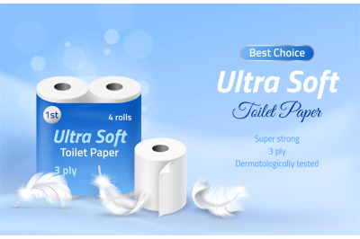 Toilet paper roll. Realistic white disposable soft towel and feather.