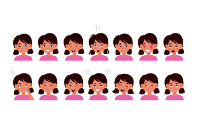 Kid face emotions set. Little cute girl different facial expressions,