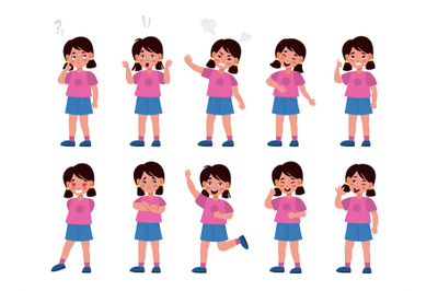 Girl emotions set. Emotional kid character in different poses, feeling