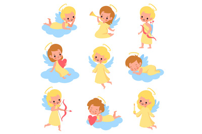 Baby angels. Funny kids cupids with wings characters, boys and girls w