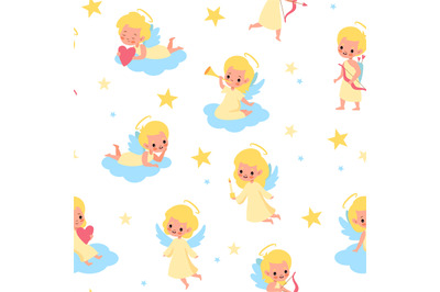 Sweet angels seamless pattern. Babies with wings pastel colors&2C; childr