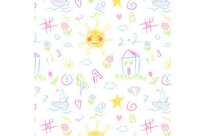 Kids drawing seamless pattern. Colorful childish doodles primitive wal