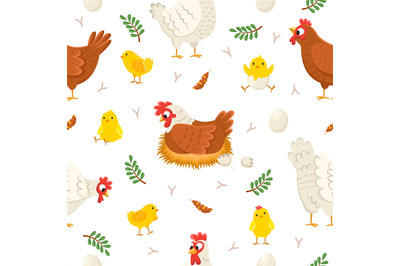 Easter chicken seamless pattern. Funny laying hens with baby chicks an