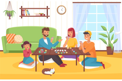 Board game at home. Happy family in room interior plays card role-play