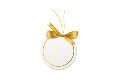 Blank white price paper label. Tag with gold bow, circle empty card wi