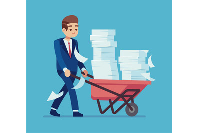 Businessman with a pile of papers. Cartoon man carrying cart with stac