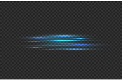 Car fast motion trail effect. Realistic horizontal blue neon linear gl