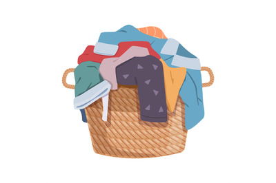 Dirty clothes. Apparel heap with stains in basket, different soiled sm