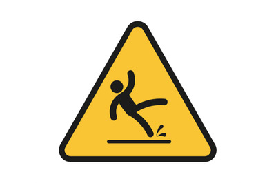 Falling people. Person injury slipping on wet floor. Triangular yellow