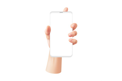 Realistic hand with phone. Woman holds smartphone with white blank scr