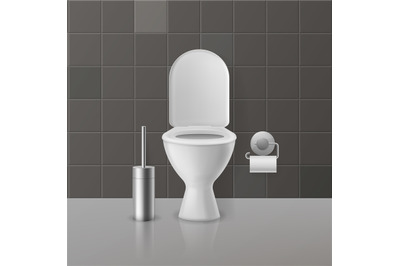 Realistic bathroom interior. Enamel toilet bowl. Steel holder for roll