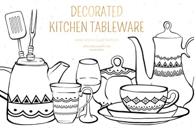 Decorated Kitchen Tableware Illustrations
