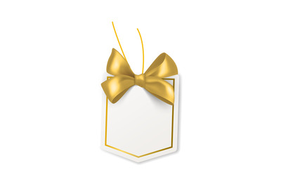 Tag with gold bow. Blank white price paper label&2C; geometric form card