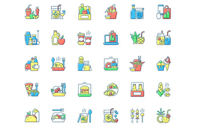 Drinks to go and takeaway food RGB color icons set. Fresh juice. Alcoh
