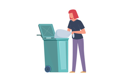 Woman collecting garbage. Girl throws trash bag into dumpster, volunte