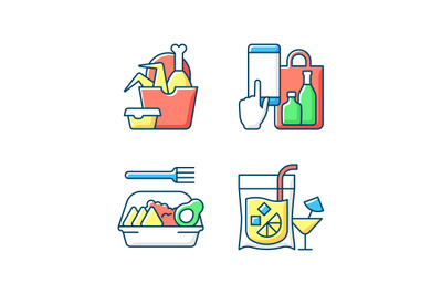 Takeaway and delivery option RGB color icons set. Fried chicken wings