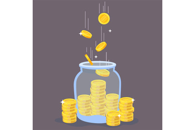 Gold coins in glass jar. Transparent bottle with stacks and flying gol